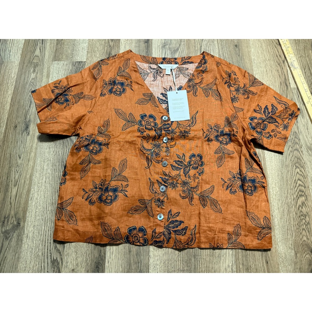 Garnet Hill Shirts Women Size M Orange Button Down V-Neck Short Sleeve Floral